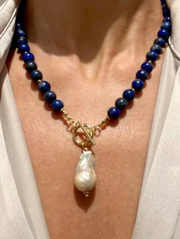 Lapis Pearl Charm Necklace