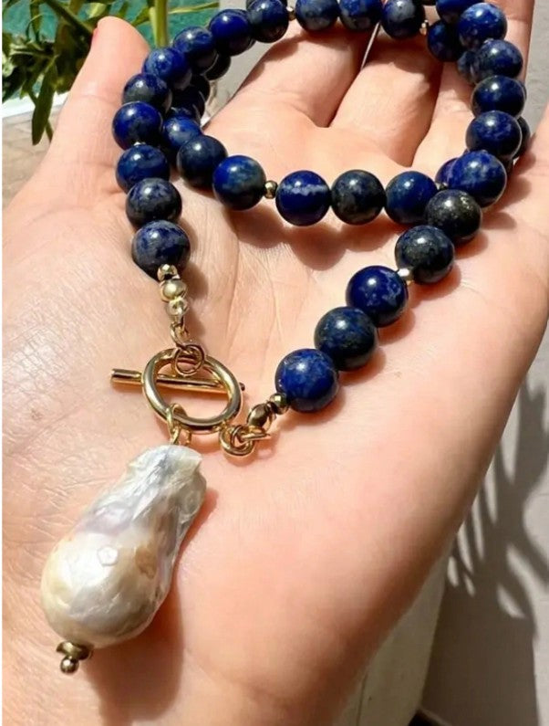 Lapis Pearl Charm Necklace