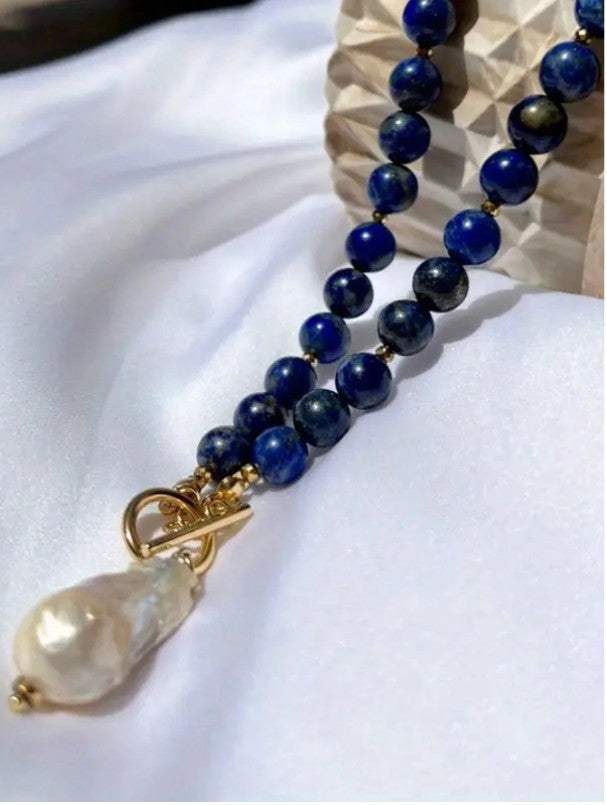 Lapis Pearl Charm Necklace