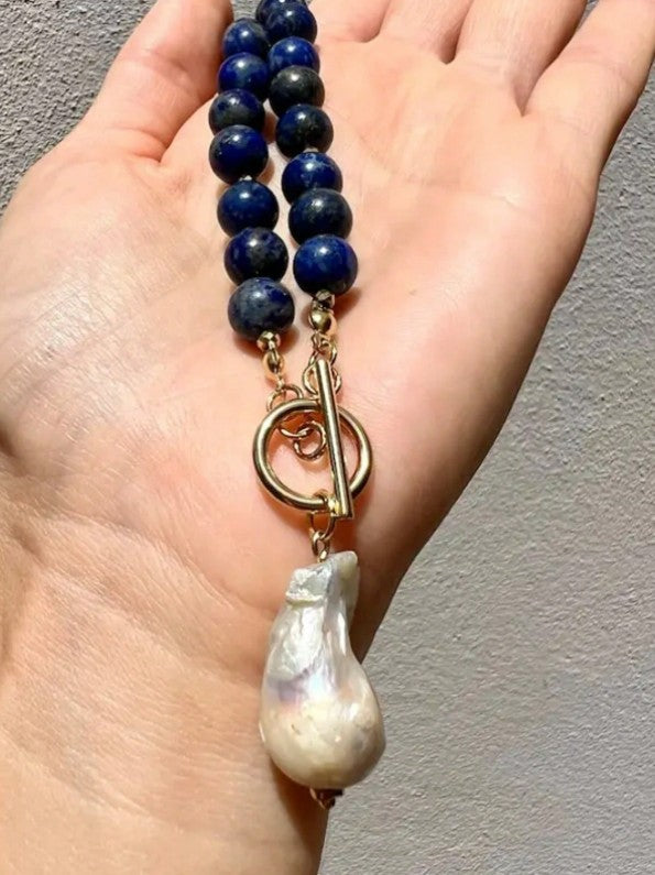 Lapis Pearl Charm Necklace