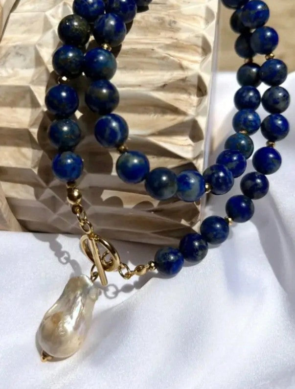 Lapis Pearl Charm Necklace