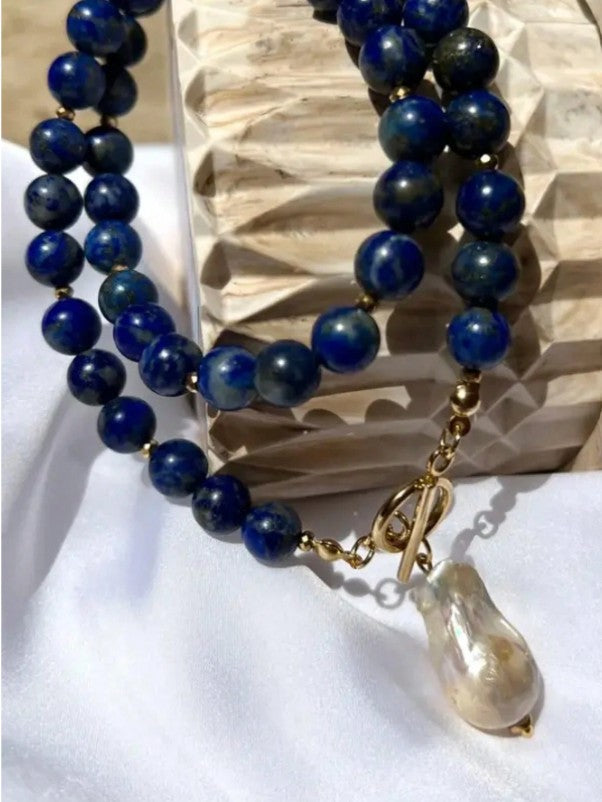 Lapis Pearl Charm Necklace